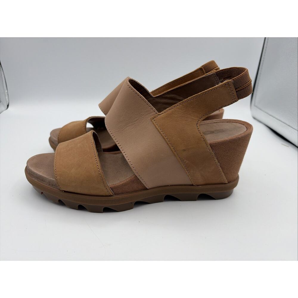 Sorel Womens 8 Joanie II Sandals Tan Leather Slingback Strappy Platform Wedge